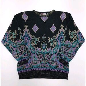 Womans Sheridan Square Sweater Size 40 Paisley Damassk Crewneck 80s Shoulder Pad
